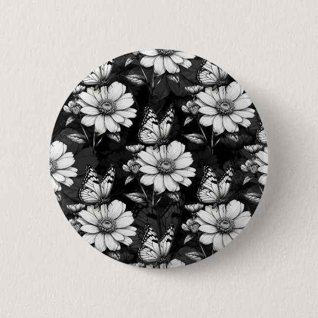 Butterfly On Flower Pattern Design - Black  Button (Front)