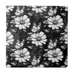 Butterfly On Flower Pattern Design - Black Ceramic Tile