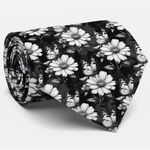 Butterfly On Flower Pattern Design - Black Neck Tie
