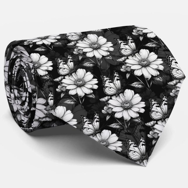 Butterfly On Flower Pattern Design - Black  Neck Tie (Creator Uploaded)