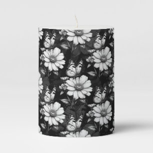 Butterfly On Flower Pattern Design - Black Pillar Candle