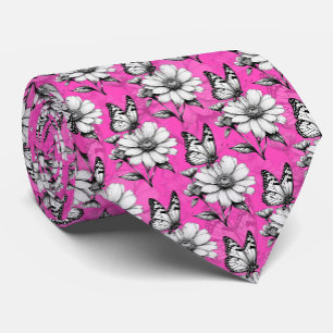 Butterfly On Flower Pattern Pink Design Neck Tie
