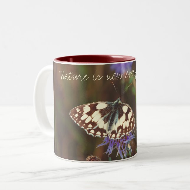 Butterfly on flower  Two-Tone coffee mug (Front Left)