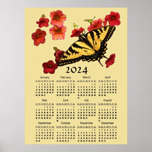 Butterfly on Flowers 2024 Animal Calendar Poster