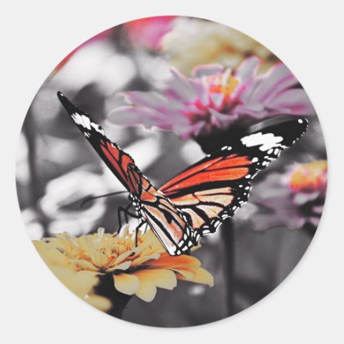 Butterfly on Flowers Classic Round Sticker