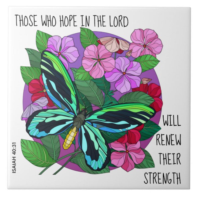 Butterfly on Flowers, w verse from Isaiah 40:31 Ceramic Tile (Front)