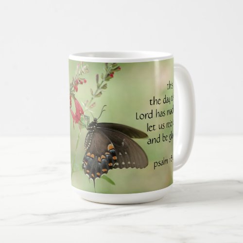 Butterfly on flowers w Verse from Psalm 11824 Coffee Mug
