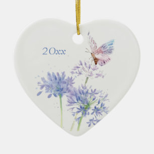 Butterfly on Garden Flowers Floral Watercolor Art Ceramic Ornament