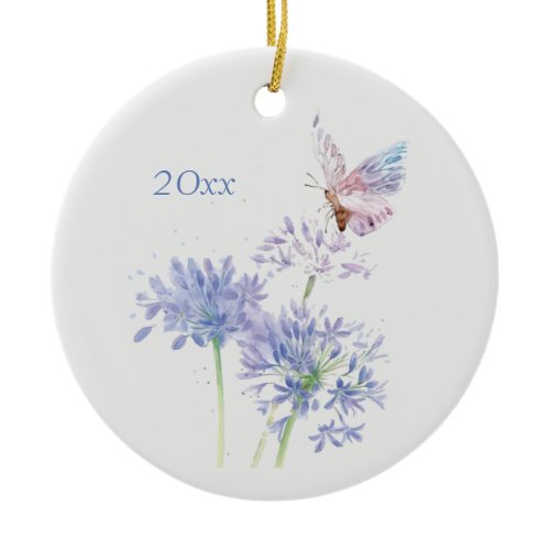 Butterfly on Garden Flowers Floral Watercolor Art Ceramic Ornament