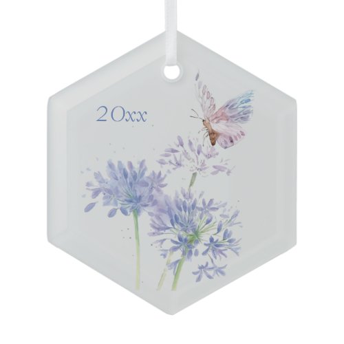 Butterfly on Garden Flowers Floral Watercolor Art  Glass Ornament