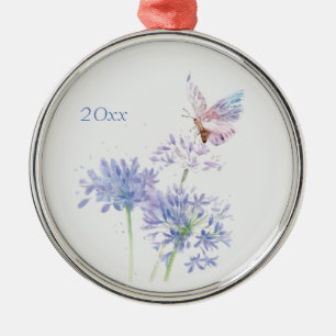 Butterfly on Garden Flowers Floral Watercolor Art Metal Ornament