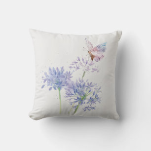 Butterfly on Garden Flowers Floral Watercolor Art Throw Pillow