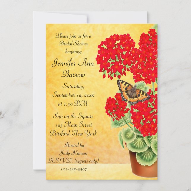 Butterfly on Geranium Flowers Bridal Shower Invite (Front)