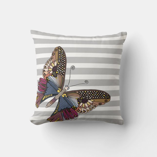 Butterfly on Gray & White Stripes Throw Pillow (Front)