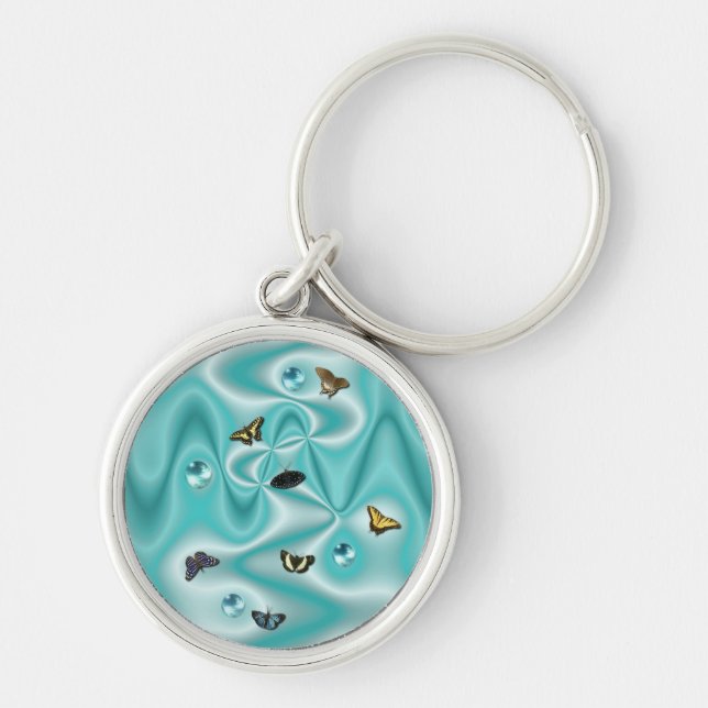 Butterfly on green Silk with Pearls Keychain (Front)
