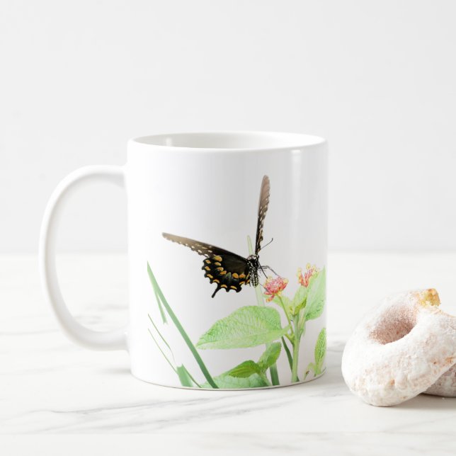 Butterfly on Lantana, on White Coffee Mug (With Donut)