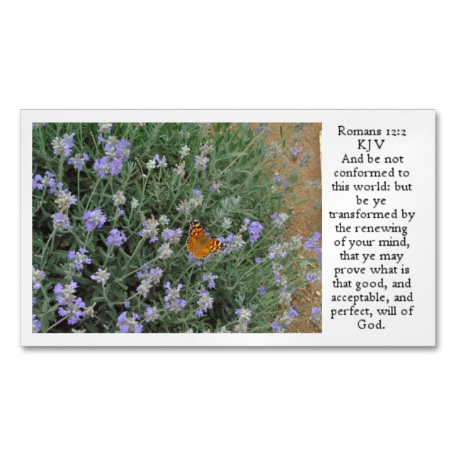 Butterfly on Lavender Romans 12:2 Business Card Magnet (Front)