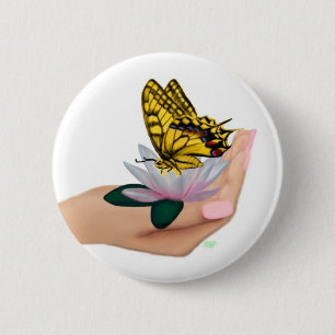 Butterfly on Lotus Bloom Button