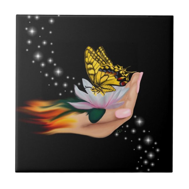 Butterfly on Lotus Bloom Ceramic Tile (Front)