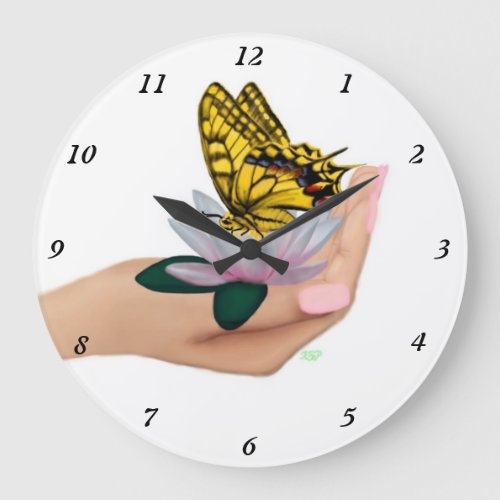 Butterfly on Lotus bloom in Hand Large Clock