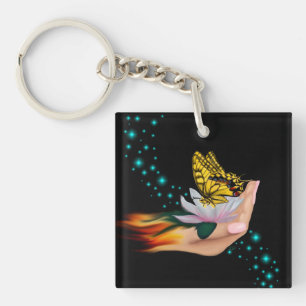 Butterfly on Lotus Bloom Keychain