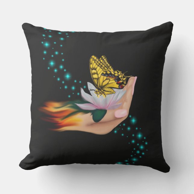 Butterfly on Lotus Bloom Outdoor Pillow (Front)