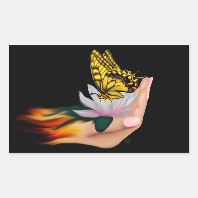 Butterfly on Lotus Bloom Rectangular Sticker (Front)