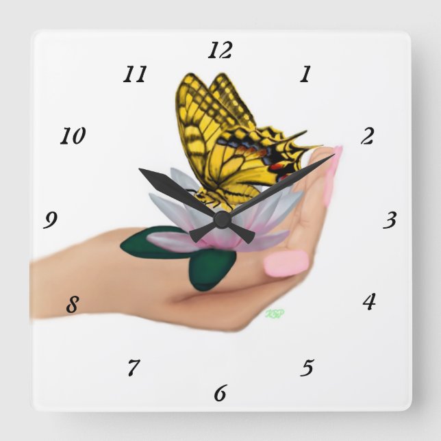 Butterfly on Lotus Bloom Square Wall Clock (Front)