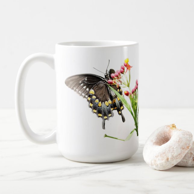 Butterfly on Milkweed Blooms, on White Coffee Mug (With Donut)