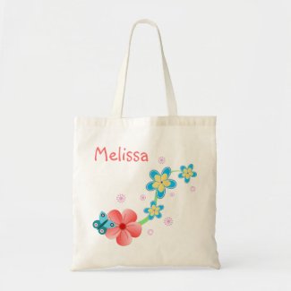 Butterfly on Pink and Blue Flowers Budget Tote Bag