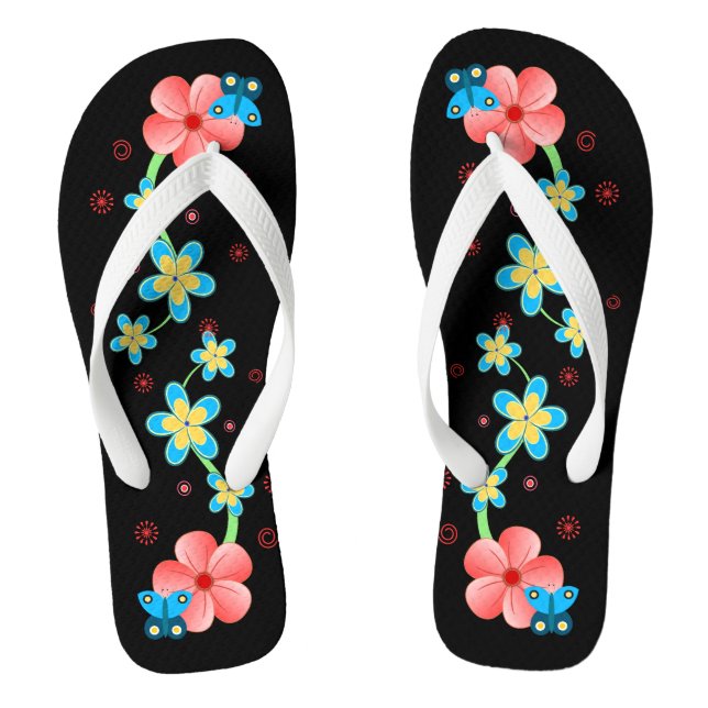 Butterfly on Pink and Blue Flowers Flip Flops (Footbed)