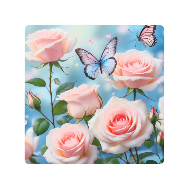 Butterfly On Pink Flower Metal Print (Front)