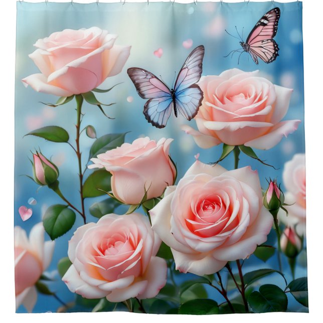 Butterfly On Pink Flower Shower Curtain (Front)