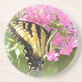Butterfly on Pink Flowers Drink Coaster