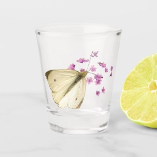 Butterfly on Pink Flowers Floral Shot Glass