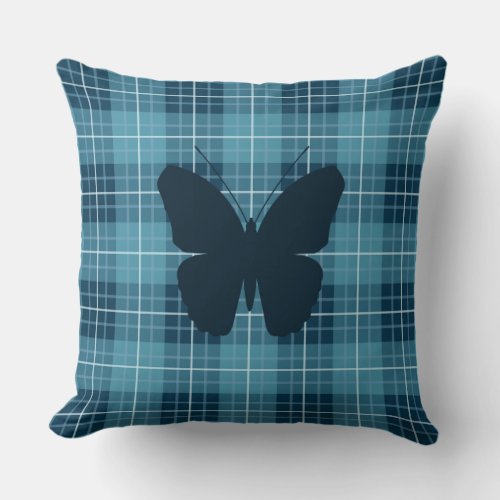 Butterfly on Plaid Blues Throw Pillow