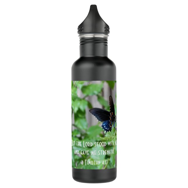 Butterfly on Purple Flowers w/ Scripture Stainless Steel Water Bottle (Left)