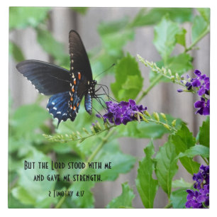Butterfly on Purple Flowers w/ Scripture Verse Ceramic Tile