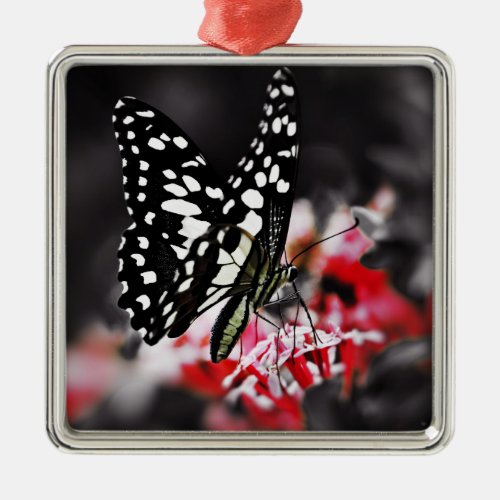 Butterfly on Red Flower Metal Ornament