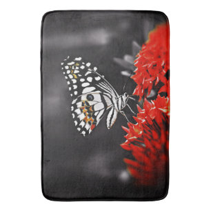 Butterfly on Red Flowers Bath Mat