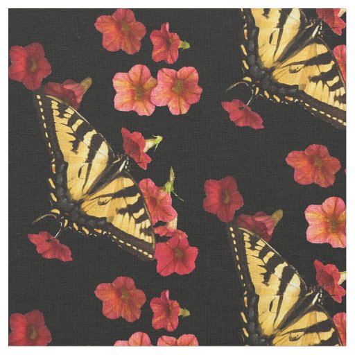 Butterfly on Red Flowers Fabric