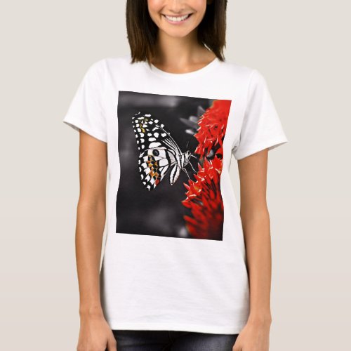 Butterfly on Red Flowers T_Shirt