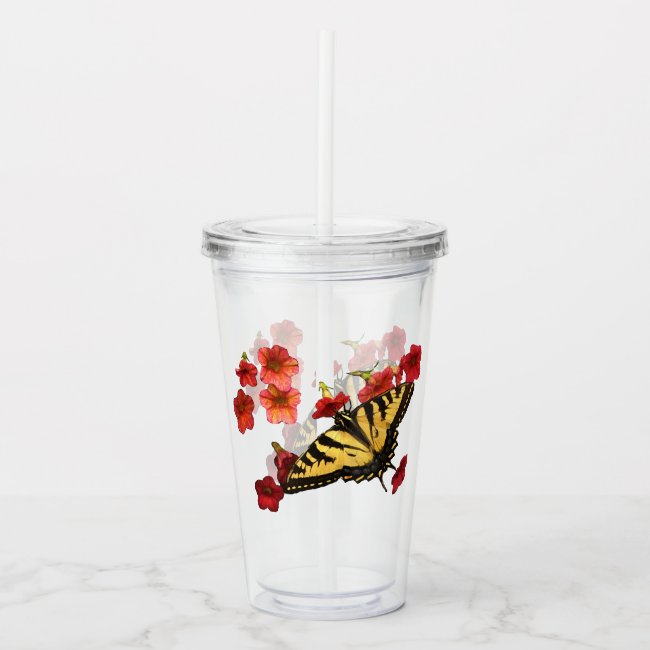 Butterfly on Red Garden Flowers Acrylic Tumbler