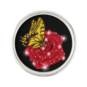Butterfly on red Rose with Stars and Raindrops Lapel Pin