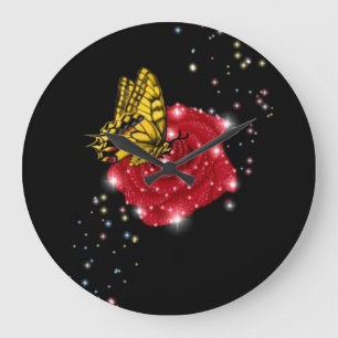 Butterfly on red Rose with Stars and Raindrops Large Clock