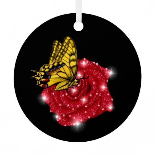 Butterfly on red Rose with Stars and Raindrops Metal Ornament