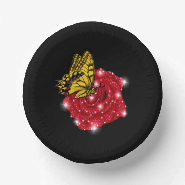 Butterfly on red Rose with Stars and Raindrops Paper Bowls (Front)