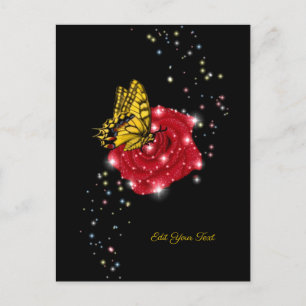 Butterfly on red Rose with Stars and Raindrops Postcard