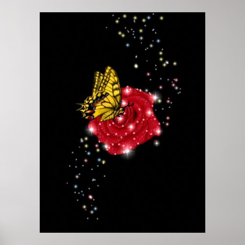 Butterfly on red Rose with Stars and Raindrops Poster