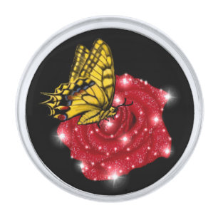 Butterfly on red Rose with Stars and Raindrops Silver Finish Lapel Pin